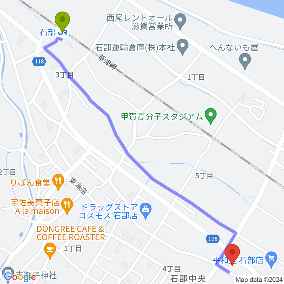 石部文化ホールの最寄駅石部駅からの徒歩ルート（約16分）地図