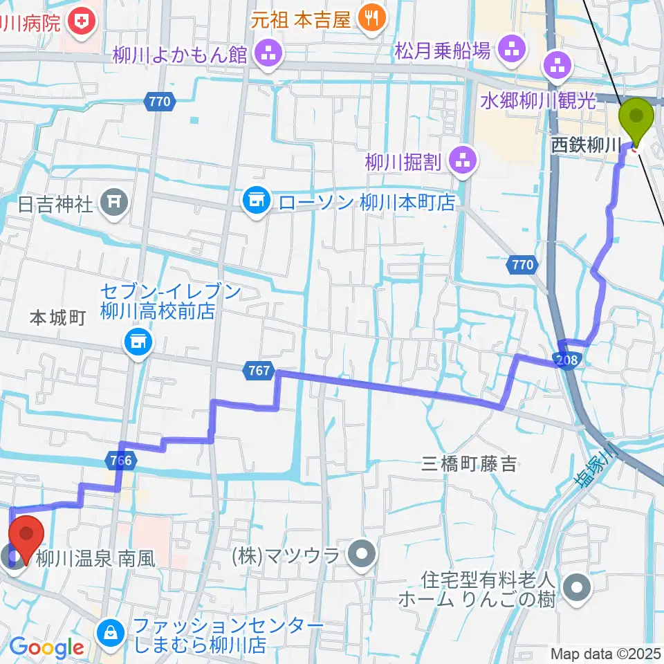 柳川総合保健福祉センター 水の郷ホールの最寄駅西鉄柳川駅からの徒歩ルート（約36分）地図