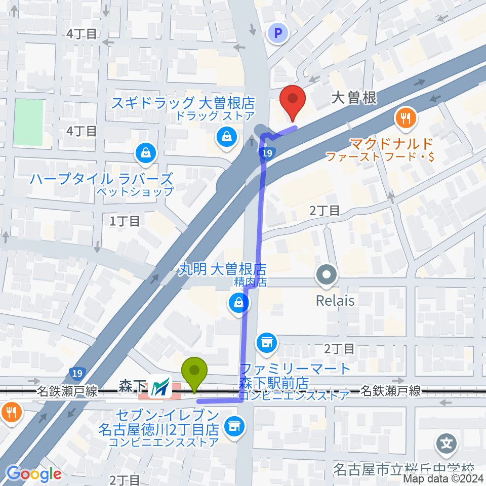 まるなか音楽教室の最寄駅森下駅からの徒歩ルート（約5分）地図