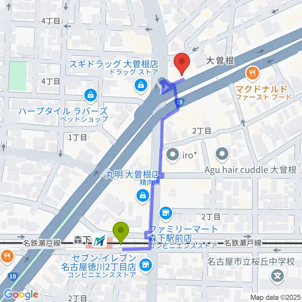 まるなか音楽教室の最寄駅森下駅からの徒歩ルート（約5分）地図