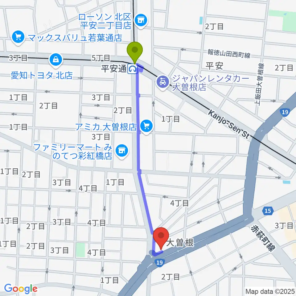 平安通駅からまるなか音楽教室へのルートマップ地図