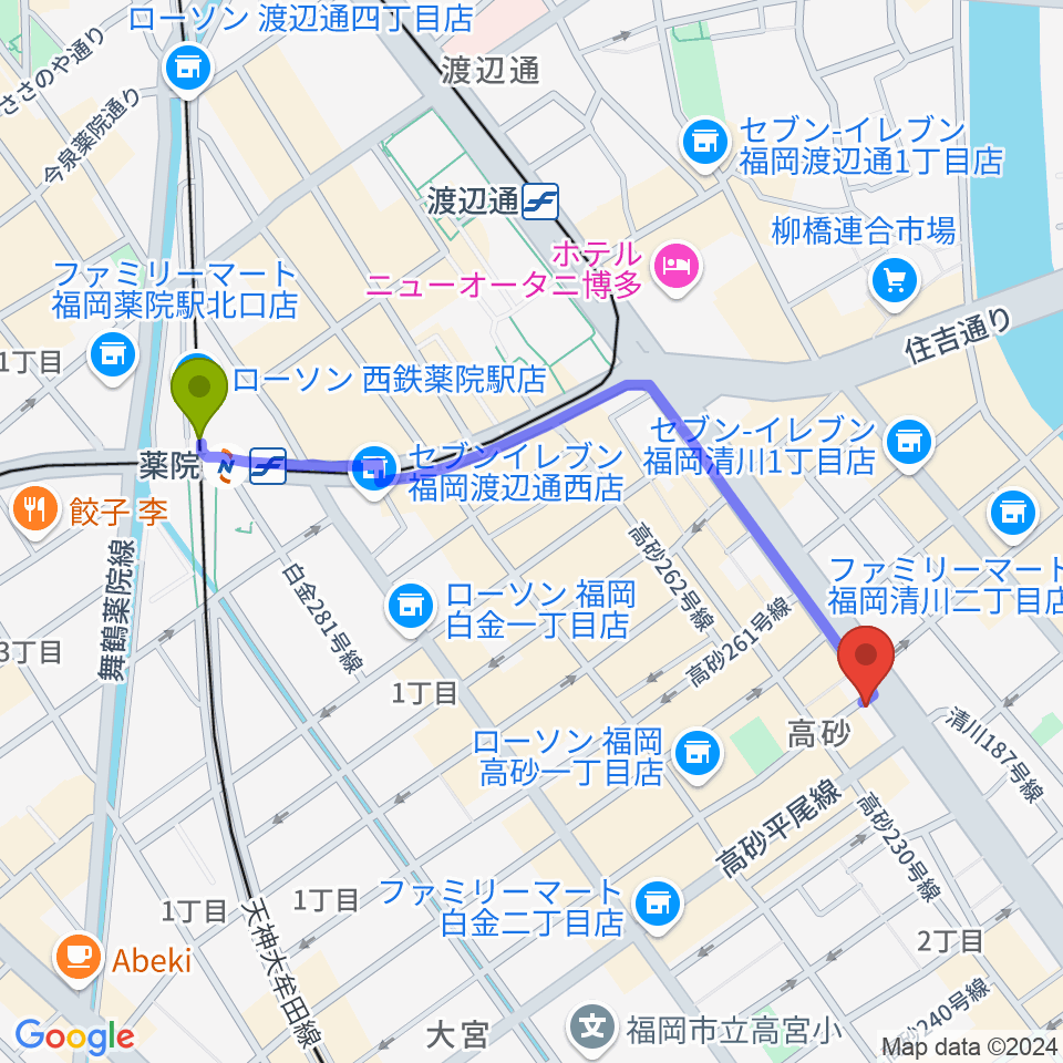 薬院駅から天神reflexへのルートマップ地図