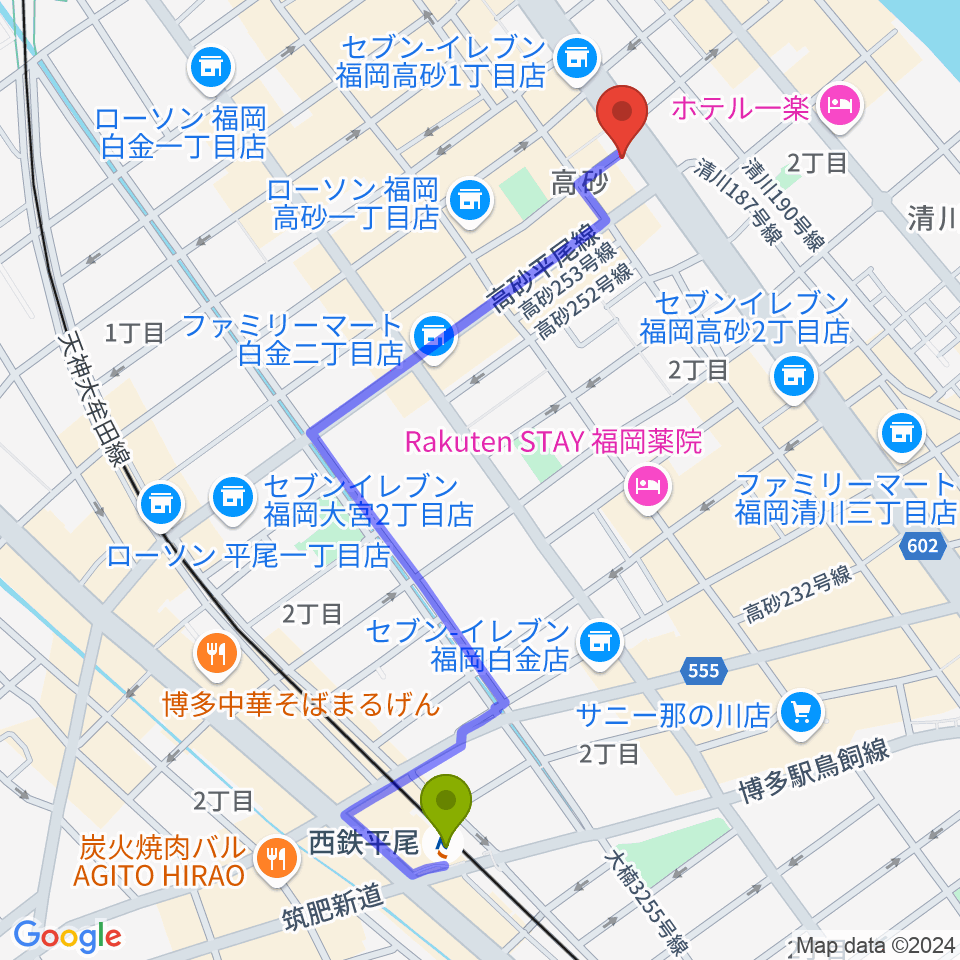 西鉄平尾駅から天神reflexへのルートマップ地図