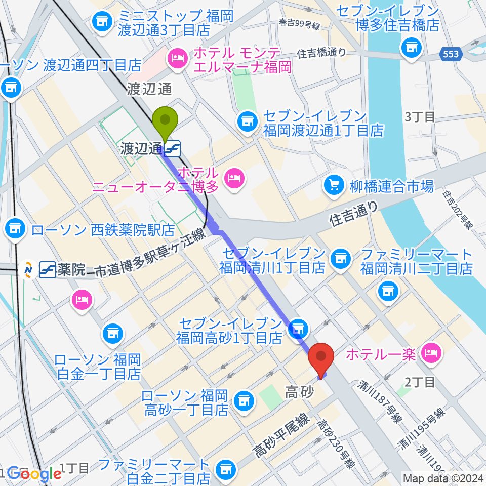 天神reflexの最寄駅渡辺通駅からの徒歩ルート（約9分）地図