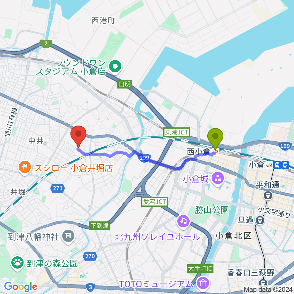 Nishimoto Music Schoolの最寄駅西小倉駅からの徒歩ルート（約30分）地図