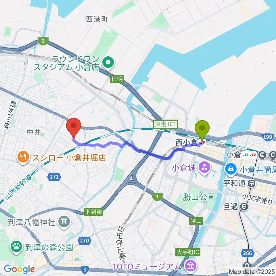 Nishimoto Music Schoolの最寄駅西小倉駅からの徒歩ルート（約30分）地図