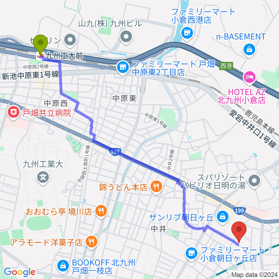 九州工大前駅からNishimoto Music Schoolへのルートマップ地図