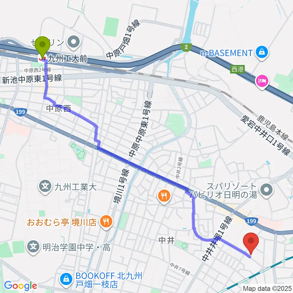 九州工大前駅からNishimoto Music Schoolへのルートマップ地図