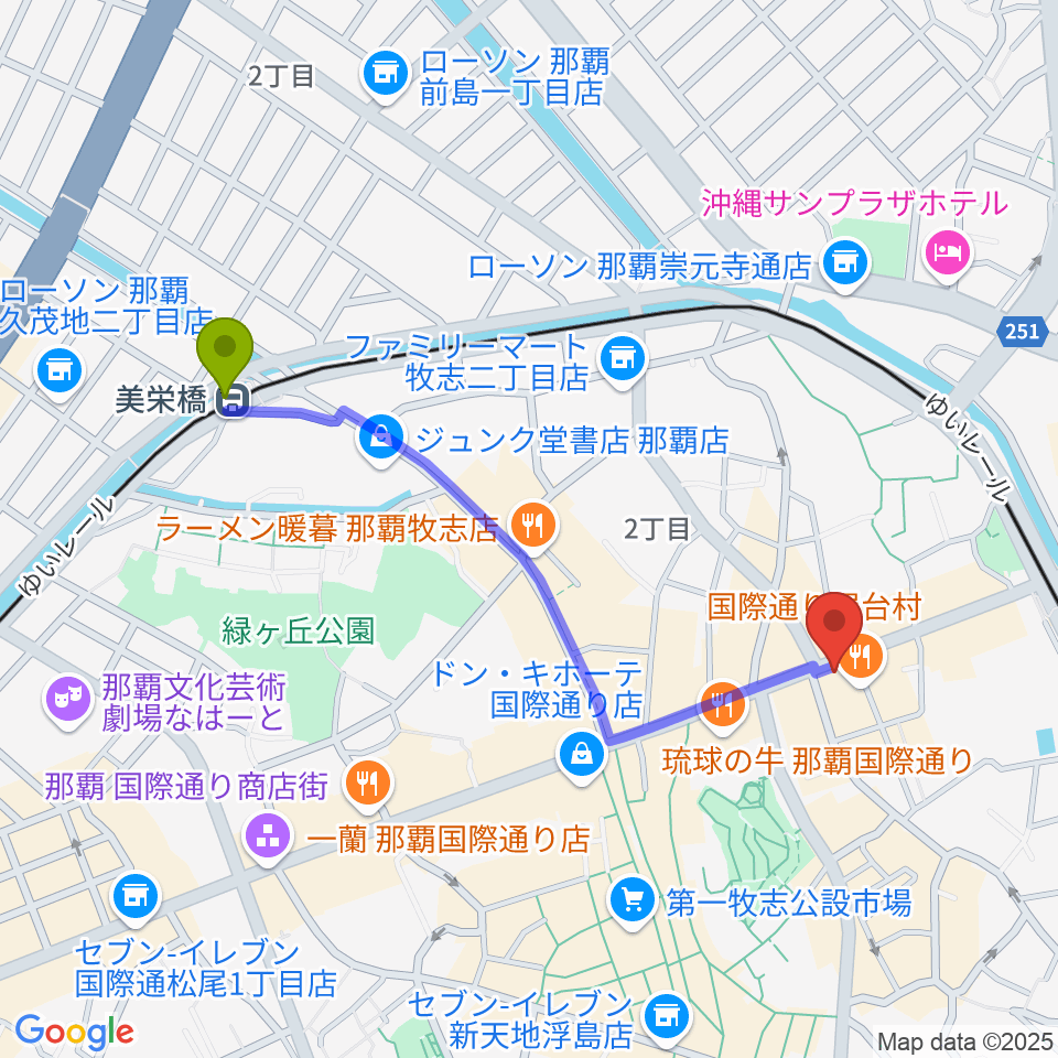 美栄橋駅から高良レコード店 楽器部へのルートマップ地図