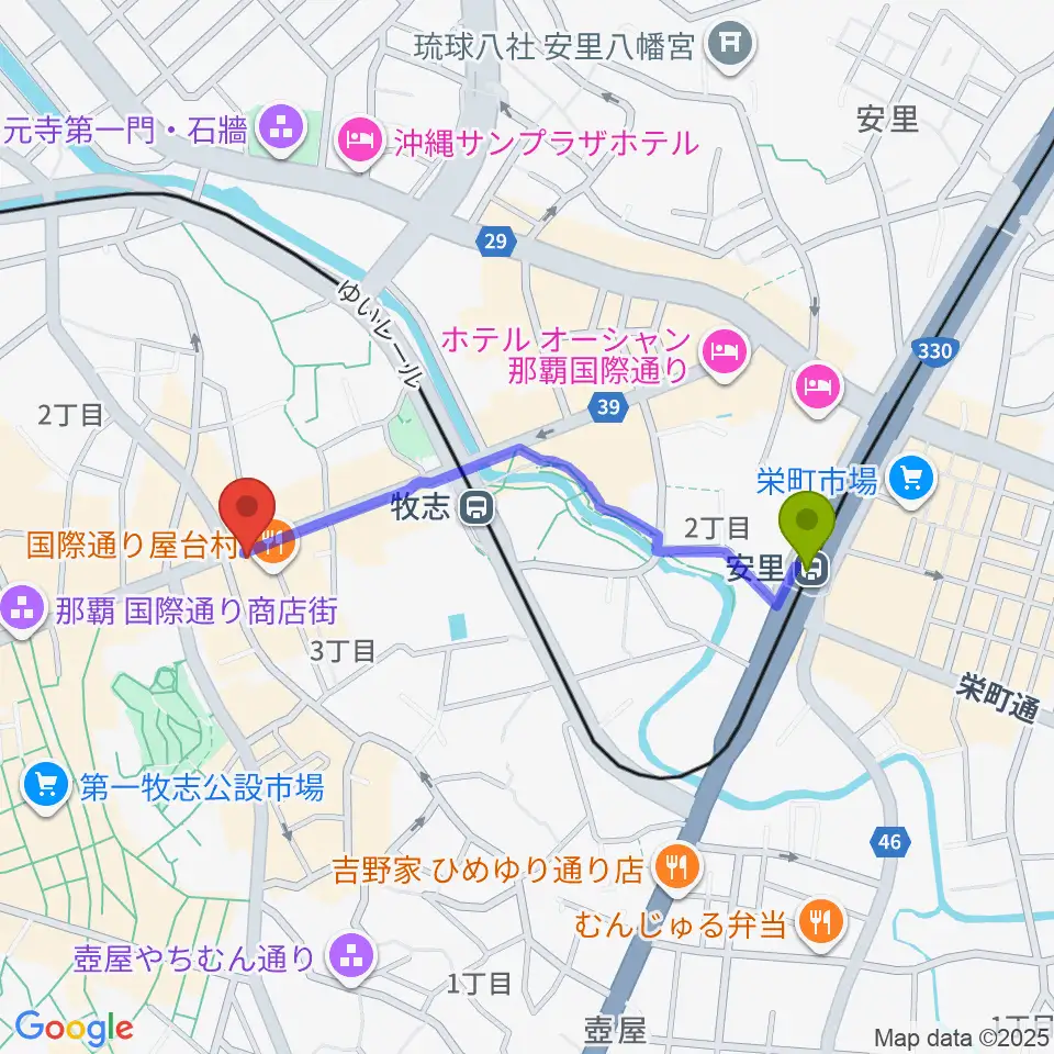 安里駅から高良レコード店 楽器部へのルートマップ地図
