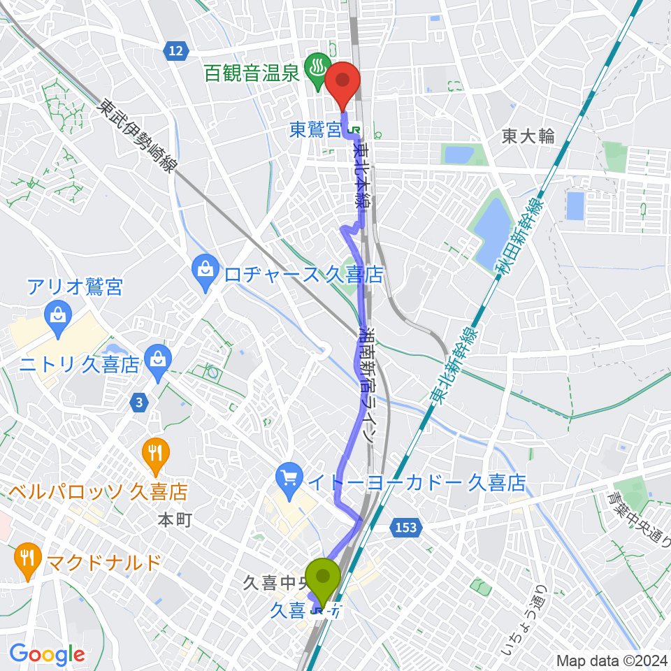 久喜駅からどれみ音楽教室へのルートマップ地図