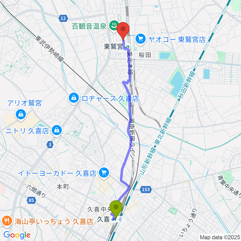 久喜駅からどれみ音楽教室へのルートマップ地図