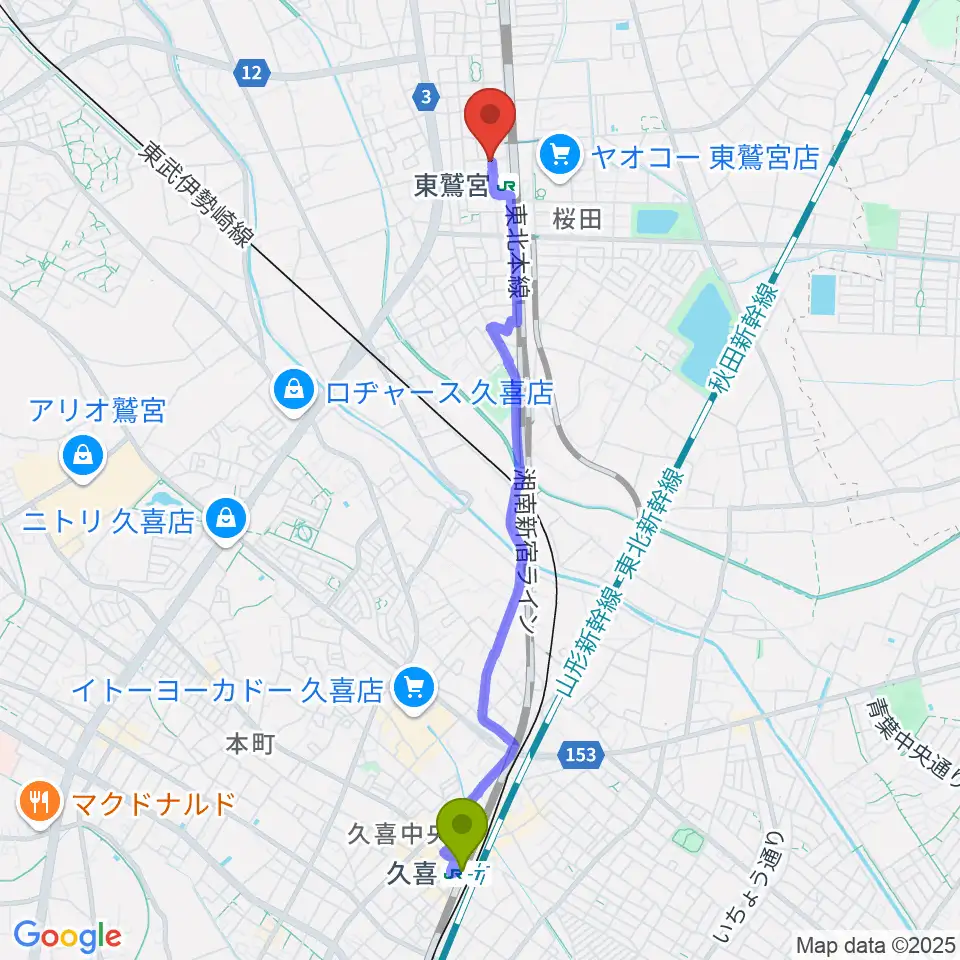 久喜駅からどれみ音楽教室へのルートマップ地図