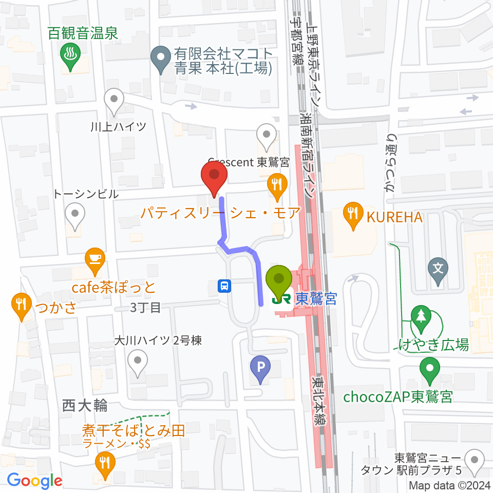 どれみ音楽教室の最寄駅東鷲宮駅からの徒歩ルート（約2分）地図