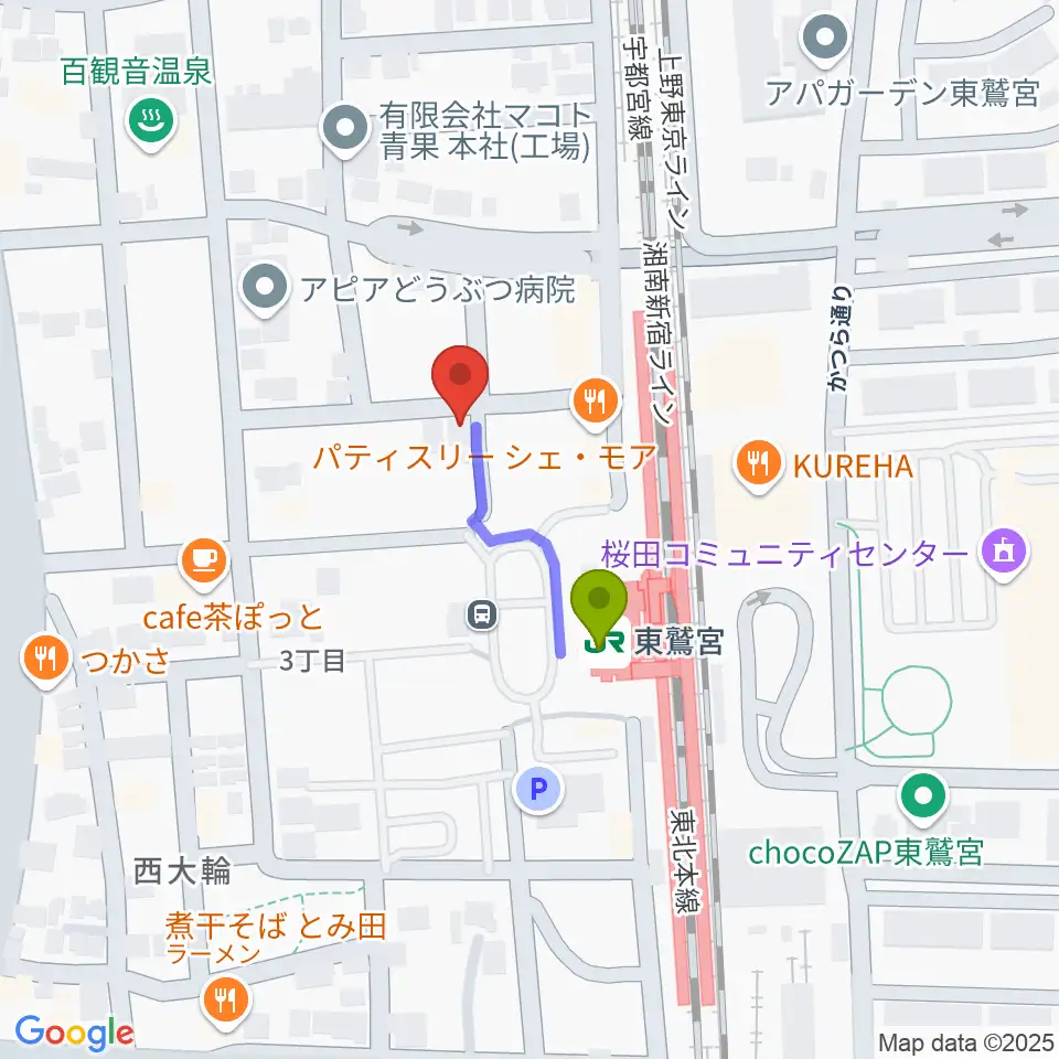 どれみ音楽教室の最寄駅東鷲宮駅からの徒歩ルート（約2分）地図