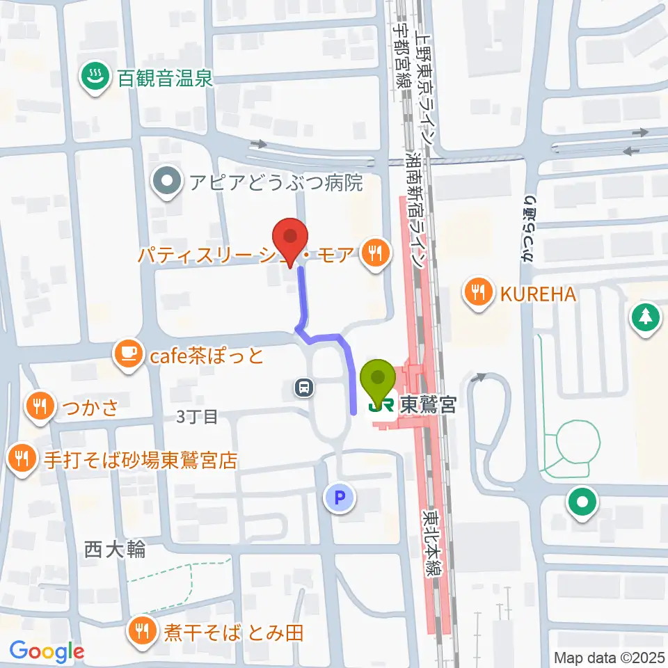 どれみ音楽教室の最寄駅東鷲宮駅からの徒歩ルート（約2分）地図