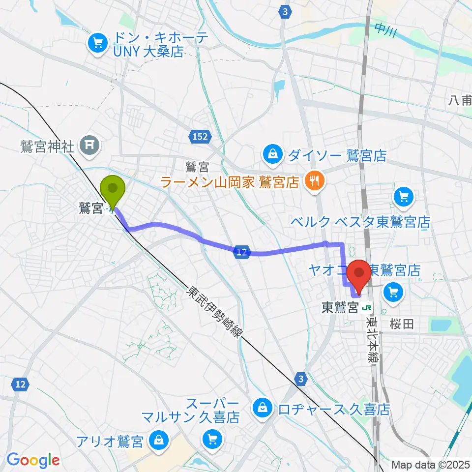 鷲宮駅からどれみ音楽教室へのルートマップ地図