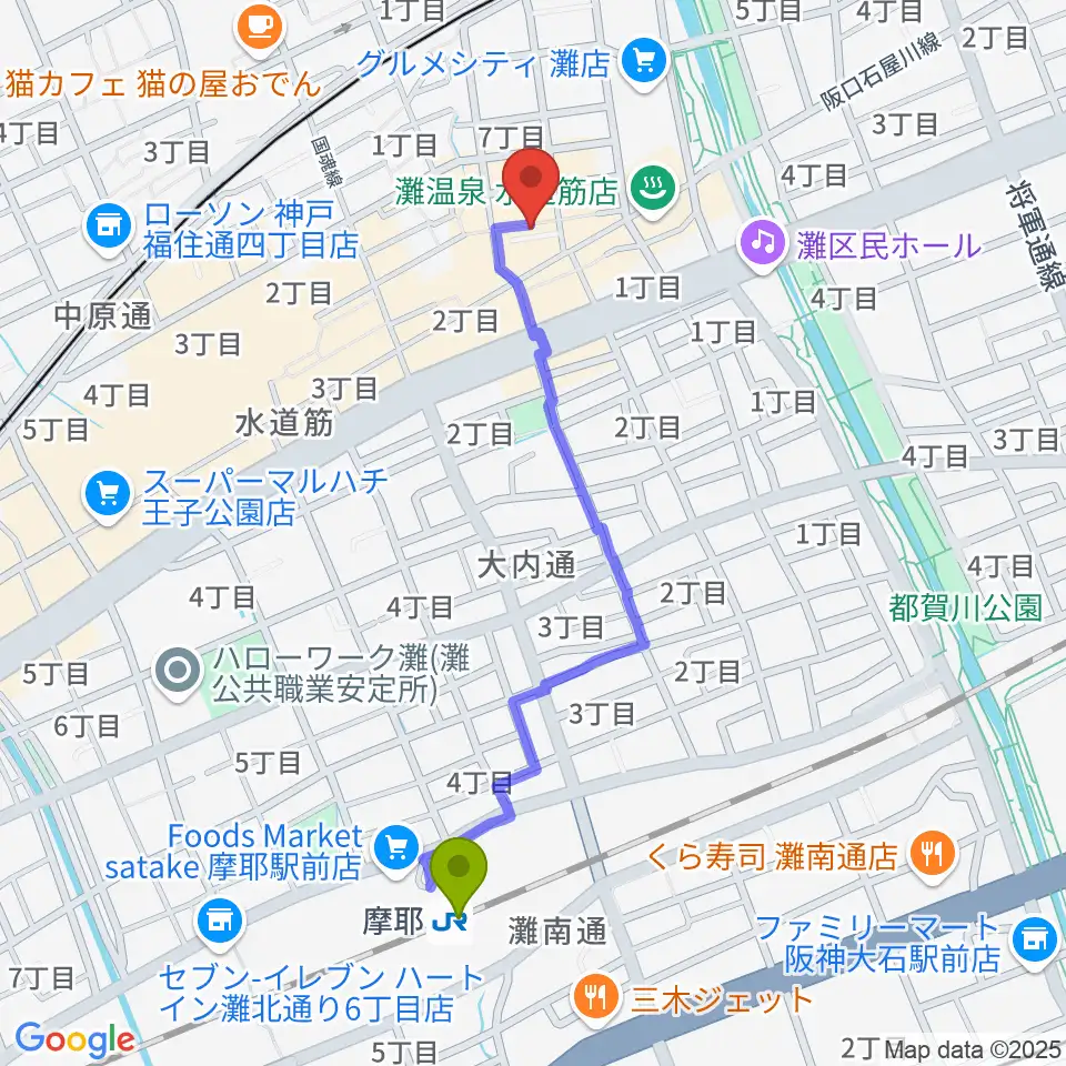 神戸マンボーギター教室の最寄駅摩耶駅からの徒歩ルート（約10分）地図