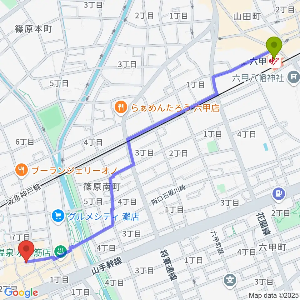 六甲駅から神戸マンボーギター教室へのルートマップ地図