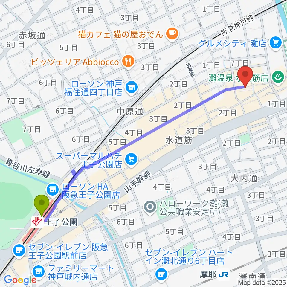 王子公園駅から神戸マンボーギター教室へのルートマップ地図