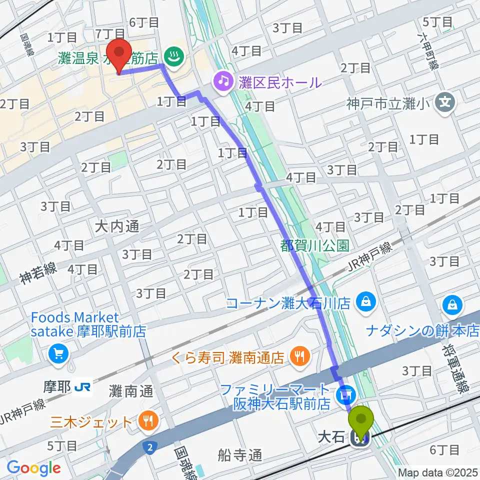 大石駅から神戸マンボーギター教室へのルートマップ地図