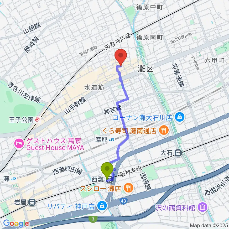 西灘駅から神戸マンボーギター教室へのルートマップ地図