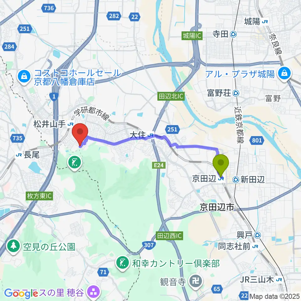 京田辺駅からピアノ教室momoへのルートマップ地図