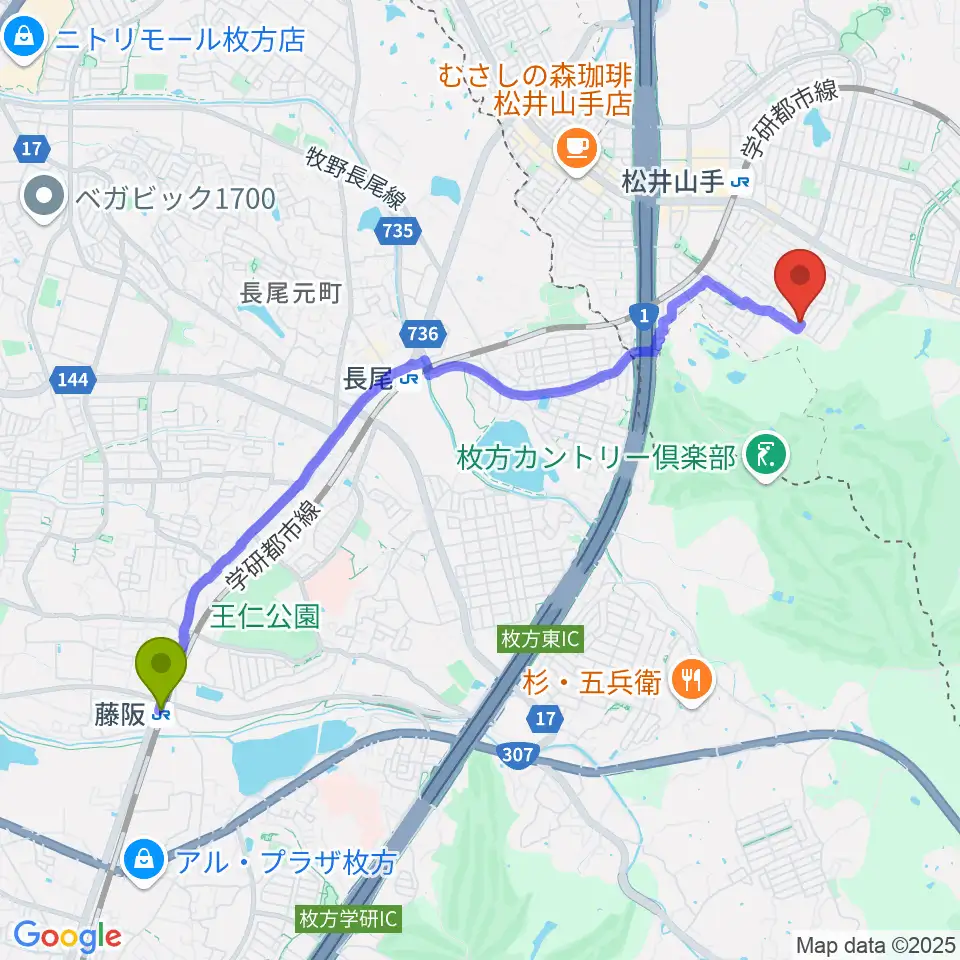 藤阪駅からピアノ教室momoへのルートマップ地図