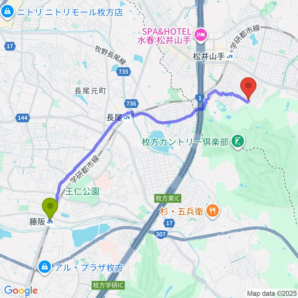 藤阪駅からピアノ教室momoへのルートマップ地図