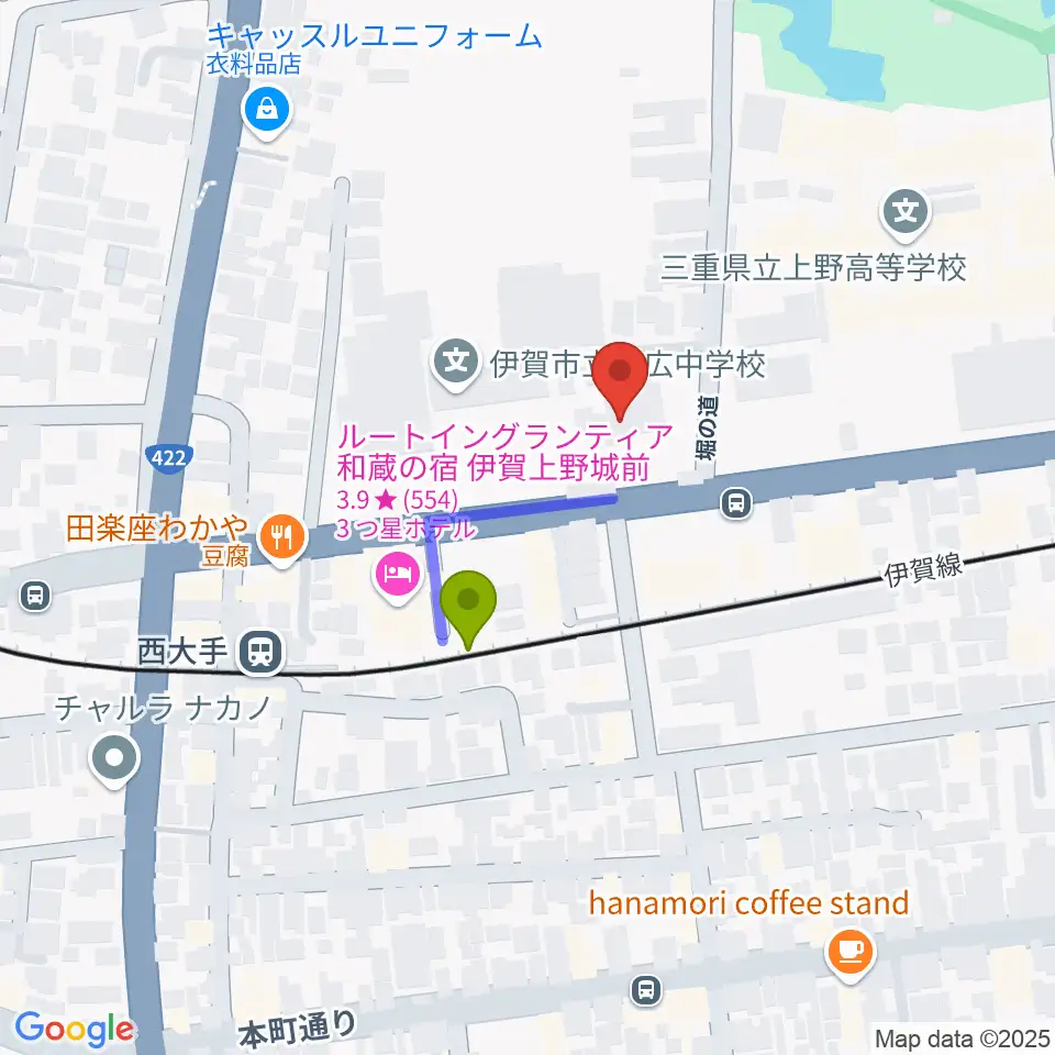 旧崇廣堂の最寄駅西大手駅からの徒歩ルート（約2分）地図