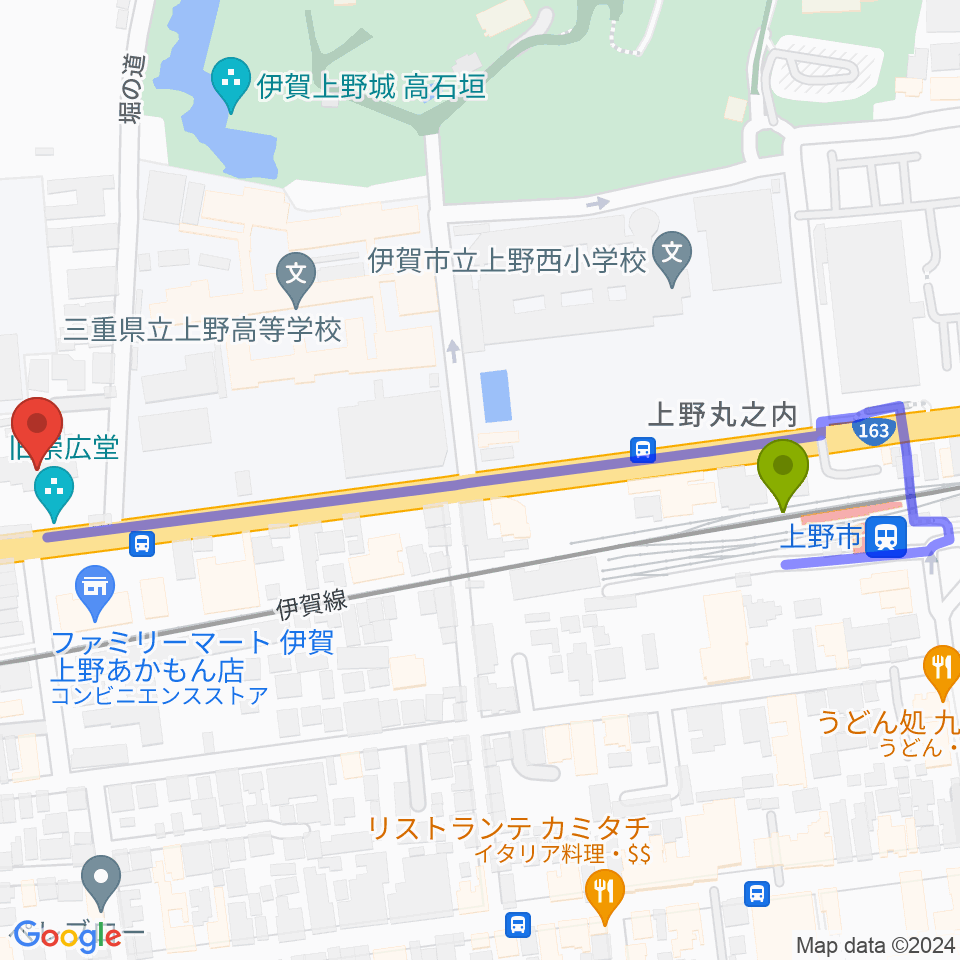 上野市駅から旧崇廣堂へのルートマップ地図