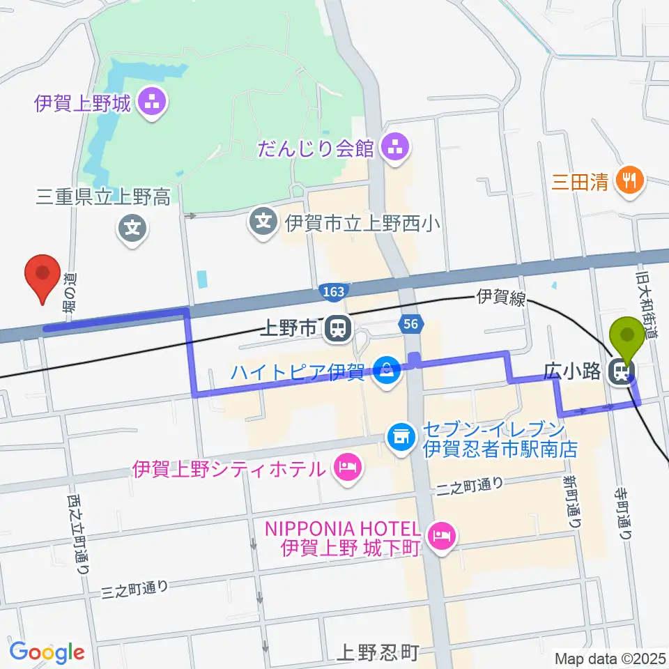広小路駅から旧崇廣堂へのルートマップ地図