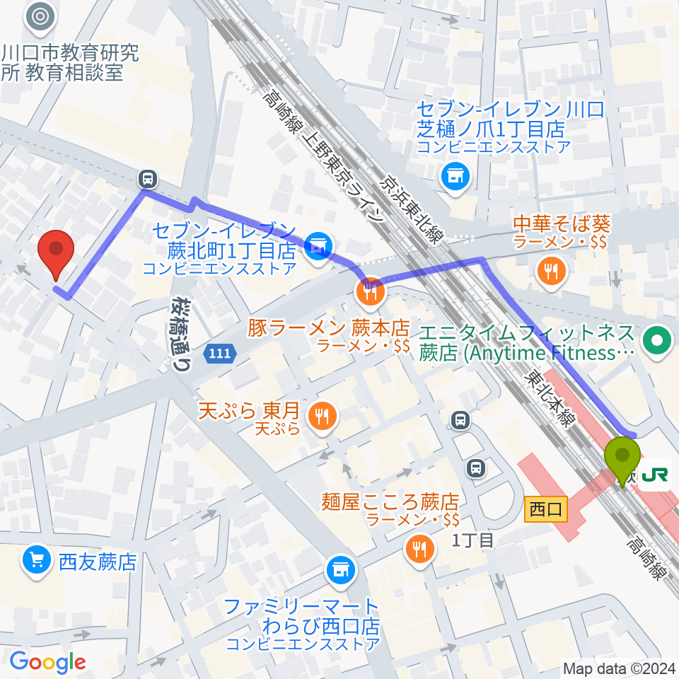 リリフルボーカル教室の最寄駅蕨駅からの徒歩ルート（約7分）地図