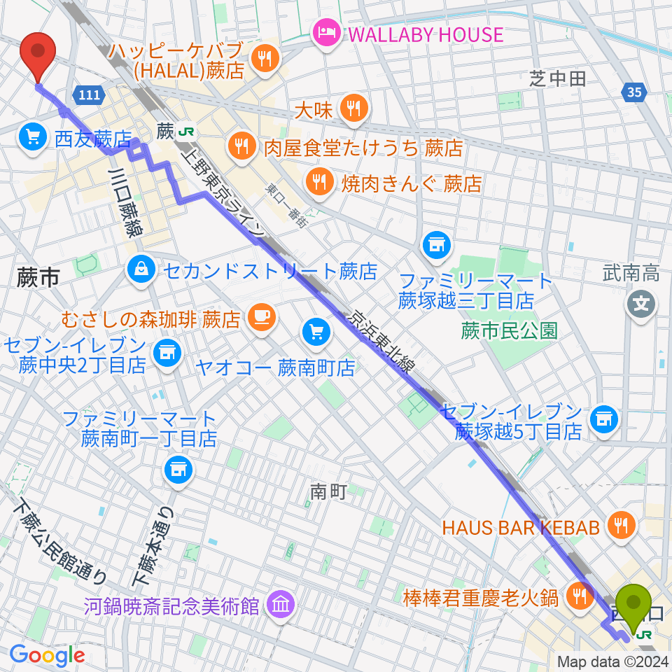 西川口駅からリリフルボーカル教室へのルートマップ地図