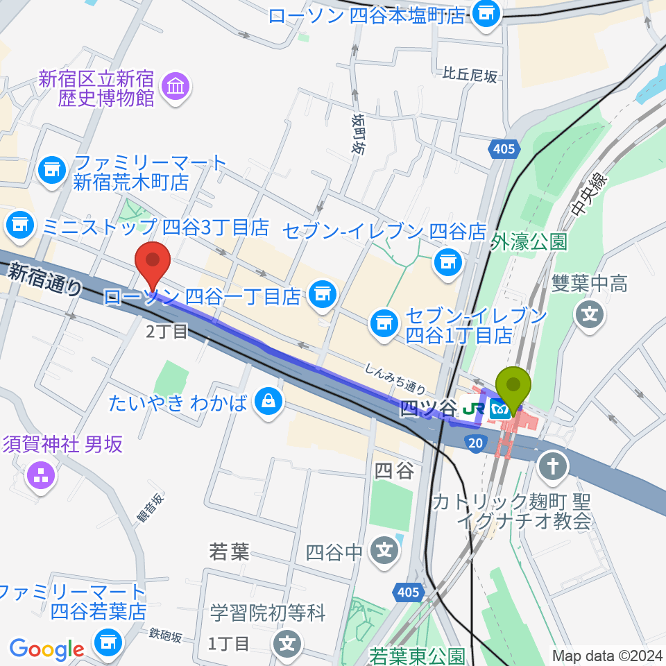 四ツ谷駅から四谷アウトブレイクへのルートマップ地図