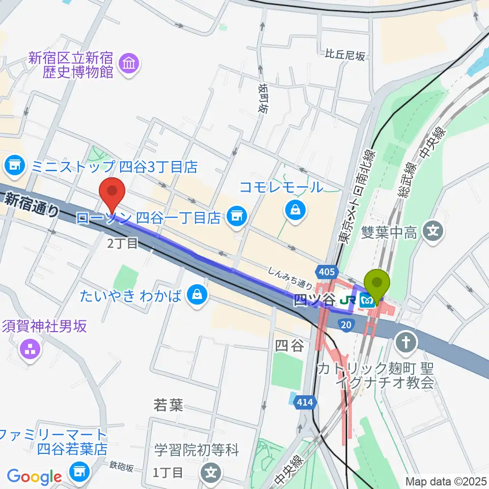 四ツ谷駅から四谷アウトブレイクへのルートマップ地図