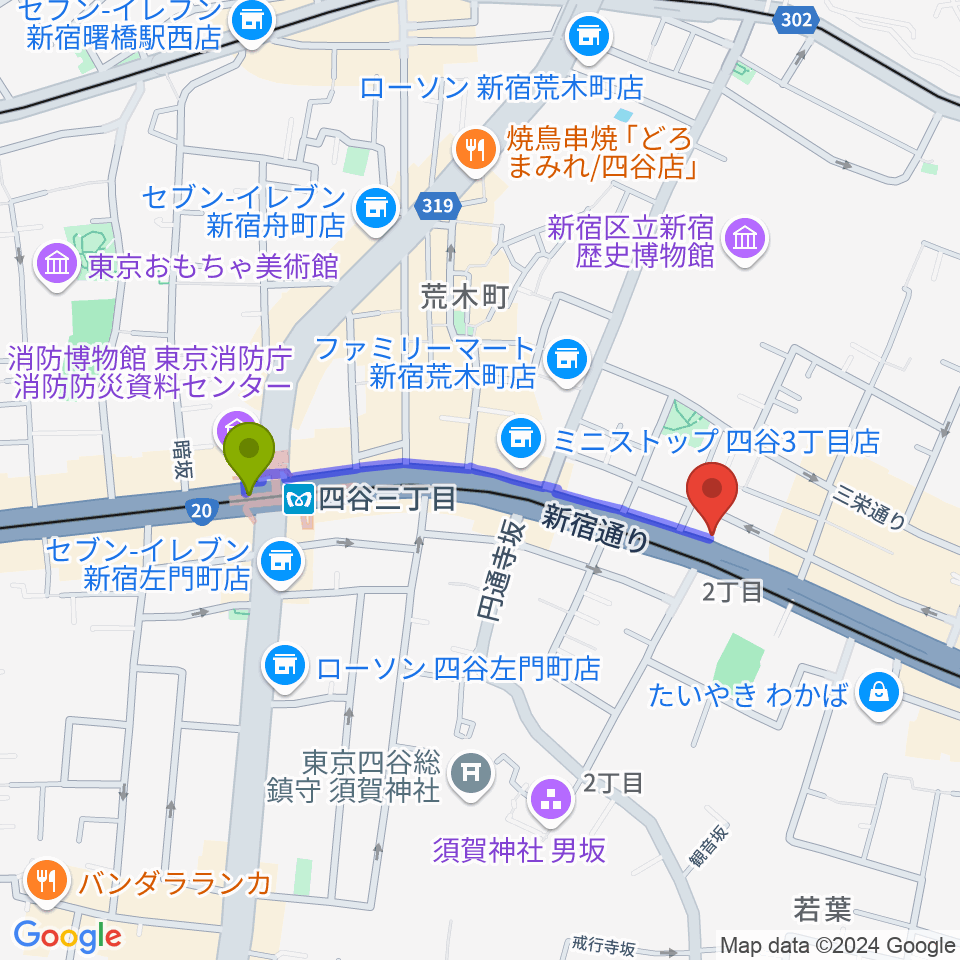 四谷アウトブレイクの最寄駅四谷三丁目駅からの徒歩ルート（約8分）地図