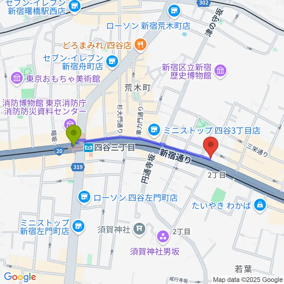 四谷アウトブレイクの最寄駅四谷三丁目駅からの徒歩ルート（約8分）地図
