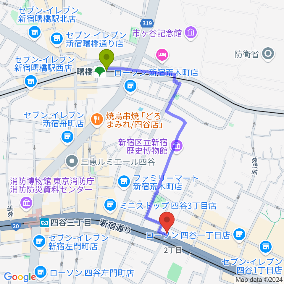 曙橋駅から四谷アウトブレイクへのルートマップ地図