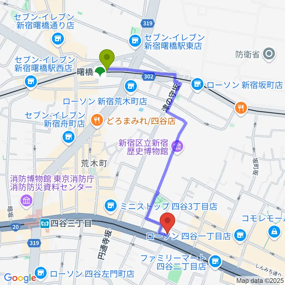 曙橋駅から四谷アウトブレイクへのルートマップ地図