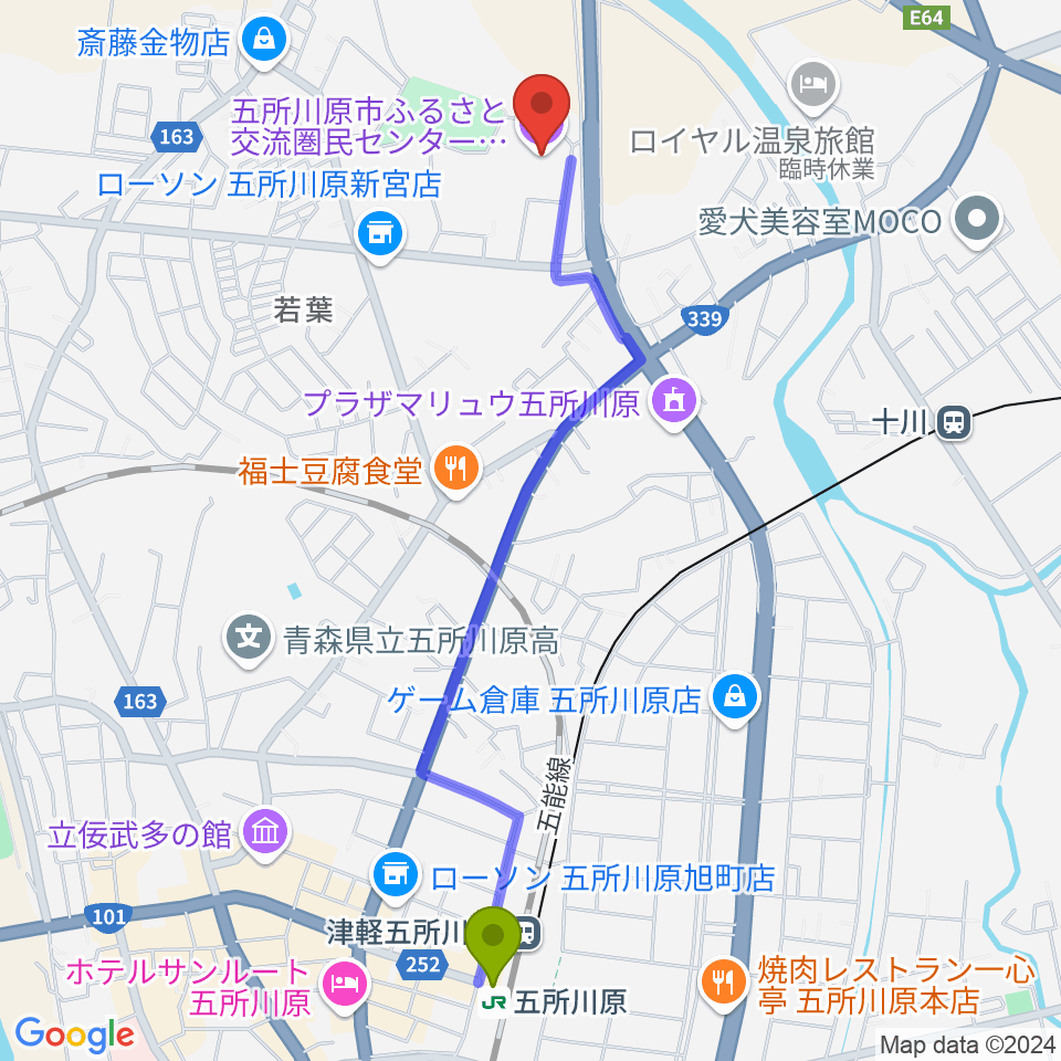 五所川原駅からふるさと交流圏民センター オルテンシアへのルートマップ地図