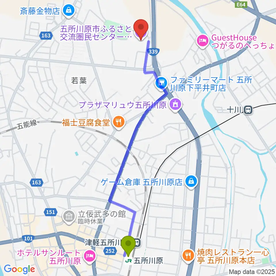 五所川原駅からふるさと交流圏民センター オルテンシアへのルートマップ地図