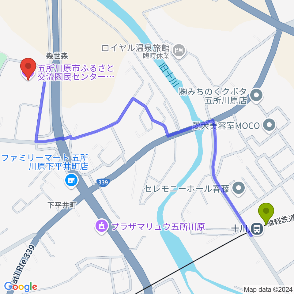 ふるさと交流圏民センター オルテンシアの最寄駅十川駅からの徒歩ルート（約14分）地図