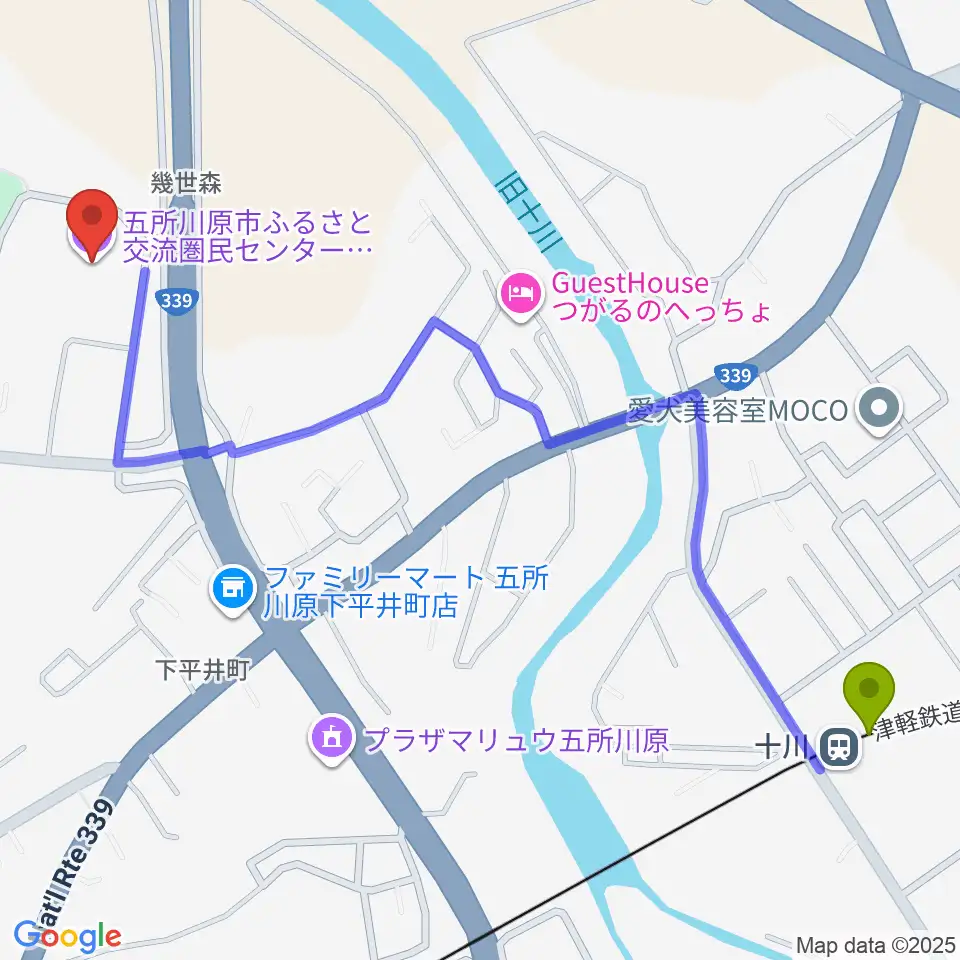 ふるさと交流圏民センター オルテンシアの最寄駅十川駅からの徒歩ルート（約14分）地図