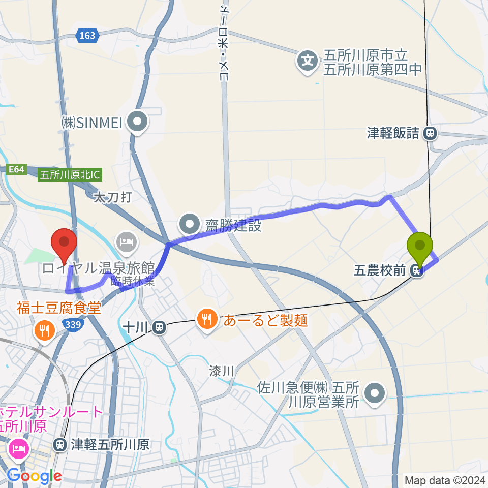 五農校前駅からふるさと交流圏民センター オルテンシアへのルートマップ地図