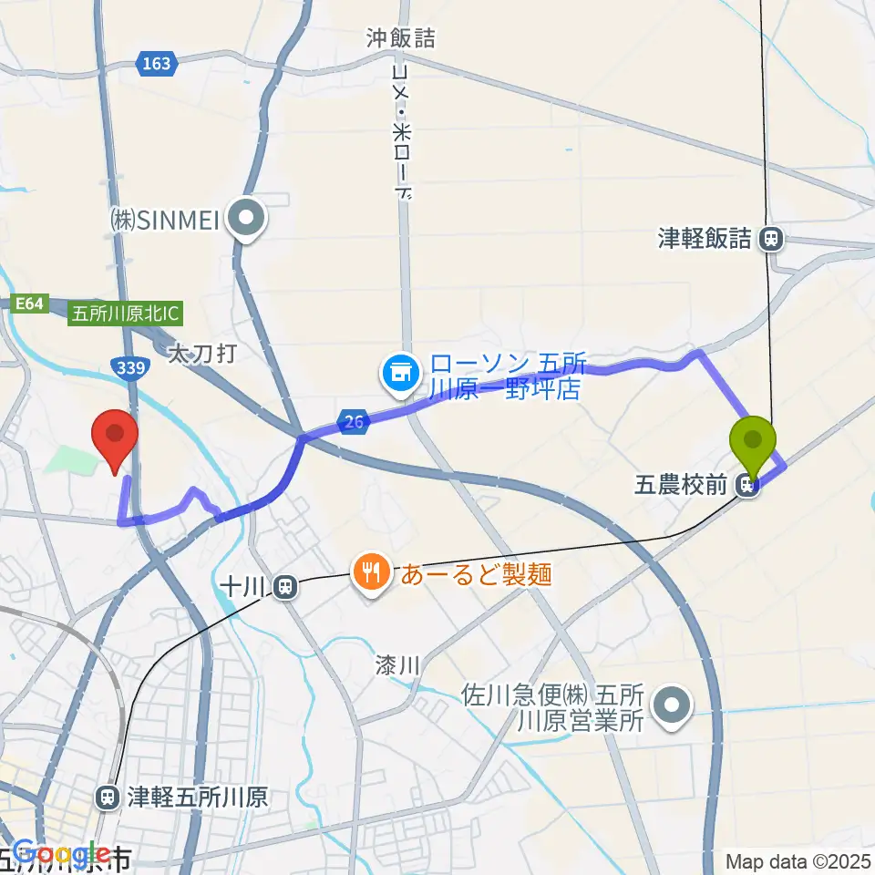 五農校前駅からふるさと交流圏民センター オルテンシアへのルートマップ地図