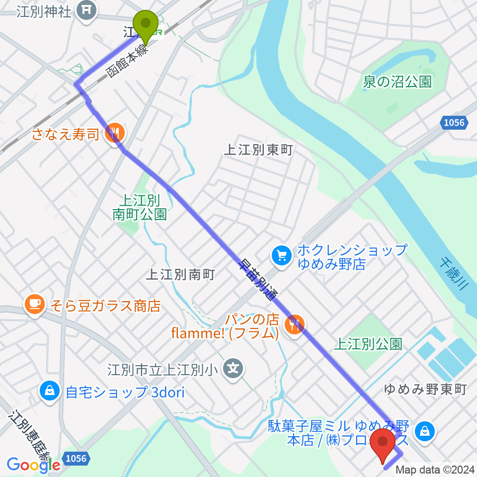 ＫＭミュージックスクールの最寄駅江別駅からの徒歩ルート（約28分）地図