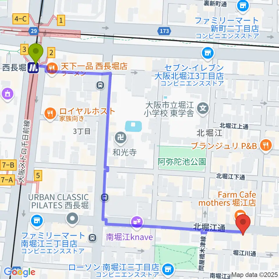 西長堀駅から南堀江SOCORE FACTORYへのルートマップ地図