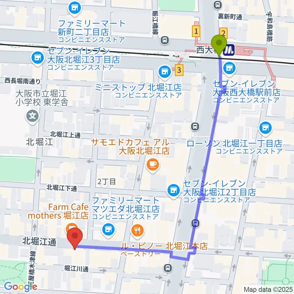 南堀江SOCORE FACTORYの最寄駅西大橋駅からの徒歩ルート（約6分）地図