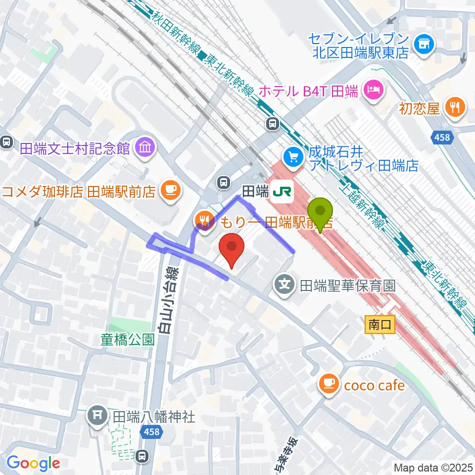 CPR STUDIOの最寄駅田端駅からの徒歩ルート（約2分）地図